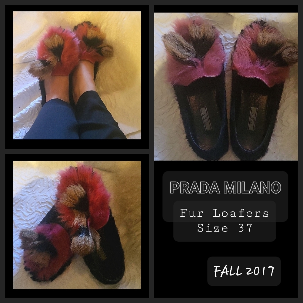PRADA CHEVRE MONT Goat Hair EMBELLISHED BLACK AND STRAWBERRY-PINK LOAFERS SIZE 6